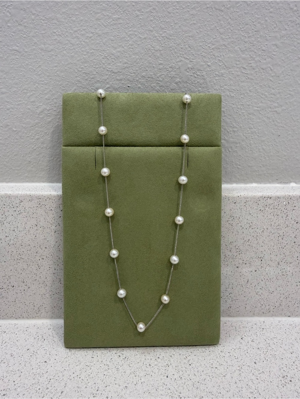 14KT White Gold Classic Pearl Station Necklace- 15 Pearls